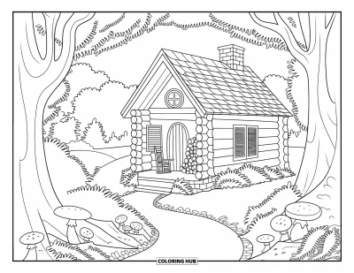 Coloriage d'automne douillet pour enfants : Petite cabane avec un sentier feuillu, un rocking-chair sur la véranda et de la fumée qui s'élève de la cheminée