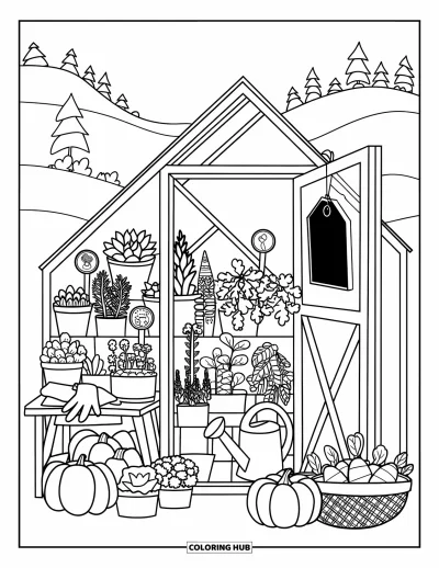 Coloriage d'automne douillet pour enfants : Petite serre avec de petites plantes, des citrouilles et des légumes-racines près de la porte