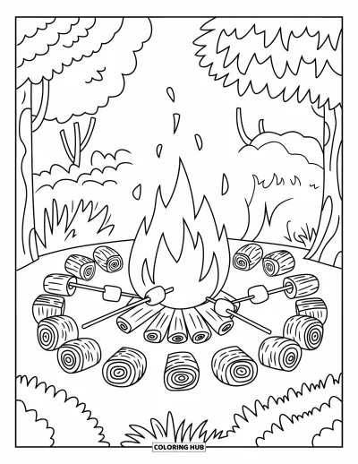 Coloriage d'automne douillet pour enfants : Des bûches entourent un feu avec des guimauves et des feuilles éparpillées autour