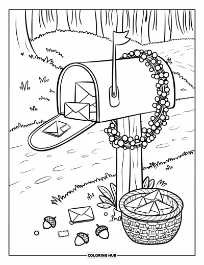 Coloriage d'automne douillet pour enfants : Du courrier dépasse d'une boîte aux lettres enguirlandée de feuilles près d'un sentier forestier