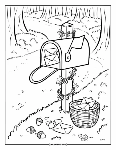 Coloriage d'automne douillet pour enfants : Une boîte aux lettres avec des lettres et un cadeau se trouve à côté de glands, de timbres et d'un panier à courrier