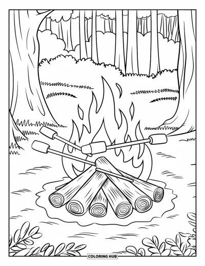 Coloriage d'automne douillet pour enfants : Des guimauves sur des bâtonnets grillent au-dessus d'un feu dans la forêt