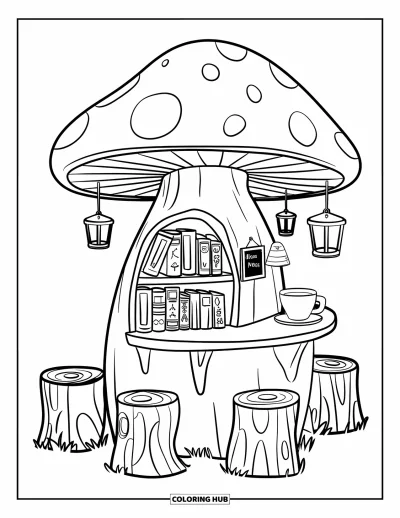Coloriage d'automne douillet pour enfants : Café en forme de champignon avec un coin lecture, une tasse de thé et des lanternes suspendues dans la forêt