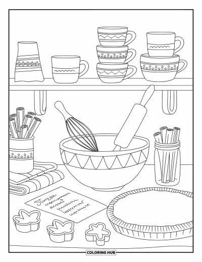 Coloriage d'automne douillet pour enfants : Pâte à tarte, bâtons de cannelle et un torchon posés sur un plan de travail prêt pour la pâtisserie