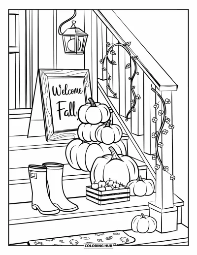 Coloriage d'automne douillet pour enfants : Véranda avec un panneau "Welcome Fall", des citrouilles, des bottes et une caisse de pommes