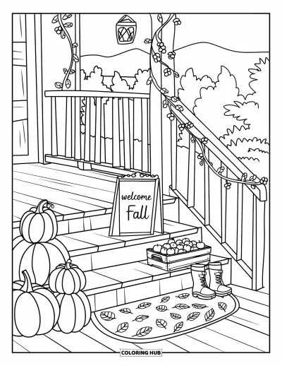 Coloriage d'automne douillet pour enfants : Véranda avec des citrouilles, des lianes, des bottes et une lanterne suspendue qui brille doucement