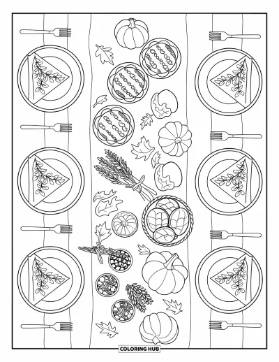 Coloriage d'automne douillet pour enfants : Des marque-places en citrouille et des bouquets d'herbes décorent une longue table pleine de plats d'automne