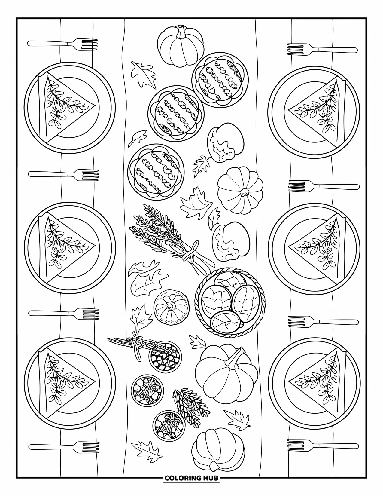 Cozy Fall Coloring Page for Kids: Pumpkin place cards and herb bundles decorate a long table full of fall foods