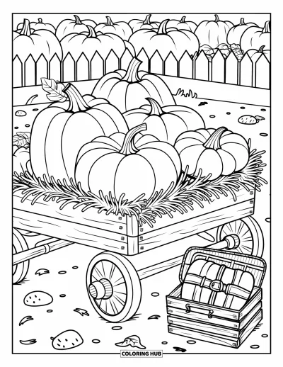Coloriage d'automne douillet pour enfants : Chariot de citrouilles avec un pique-nique installé et du foin niché dans un coin