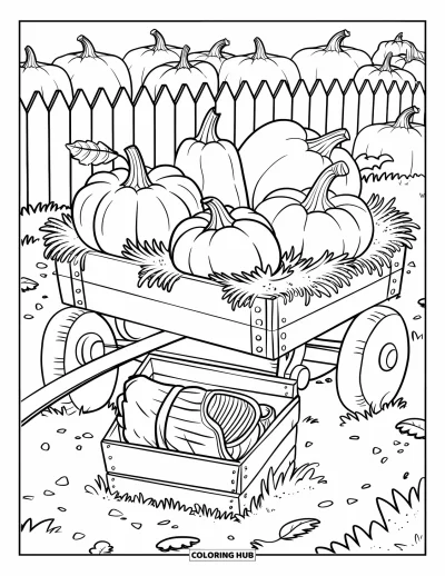 Coloriage d'automne douillet pour enfants : Des citrouilles et une couverture roulée garnissent un chariot rustique sous un ciel d'automne