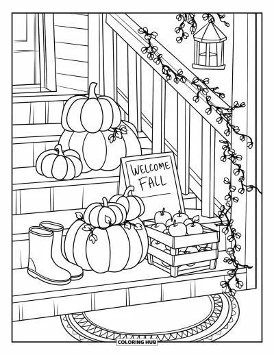 Coloriage d'automne douillet pour enfants : Des citrouilles et un panneau sur tableau noir décorent une véranda d'automne avec des bottes et des baies