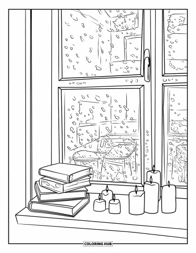 Coloriage d'automne douillet pour enfants : Fenêtre éclaboussée de pluie avec des bougies et des livres dans une pièce tranquille