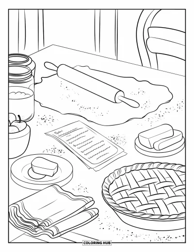 Coloriage d'automne douillet pour enfants : De la pâte étalée et des pommes pelées garnissent une table prête pour confectionner une tarte