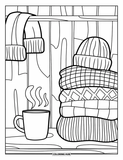 Coloriage d'automne douillet pour enfants : Pile de pulls avec une tasse fumante et une écharpe bien chaude
