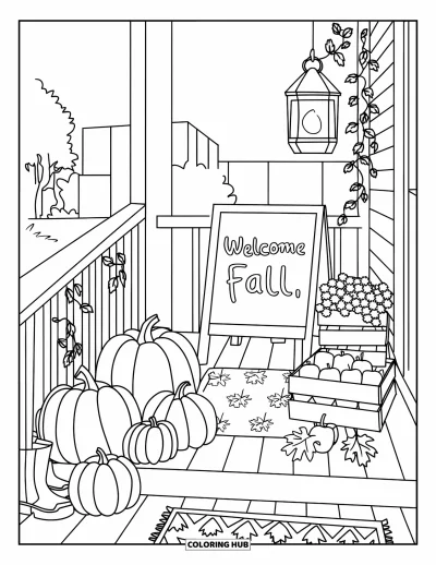 Coloriage d'automne douillet pour enfants : Des citrouilles empilées, des bottes et une caisse de pommes sur une véranda accueillante