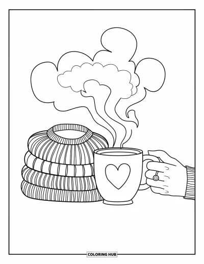 Coloriage d'automne douillet pour enfants : Pile de pulls et une tasse chaude avec un cœur dessus