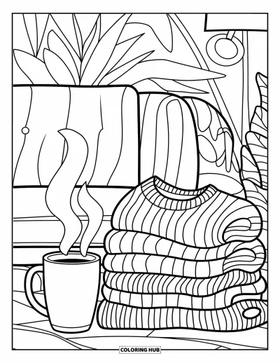 Coloriage d'automne douillet pour enfants : Pulls, tasse et biscuit nichés dans une caisse en bois réconfortante