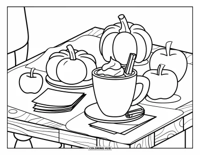 Coloriage d'automne douillet pour enfants : Table dressée avec du cacao, des citrouilles, des pommes et des serviettes pliées