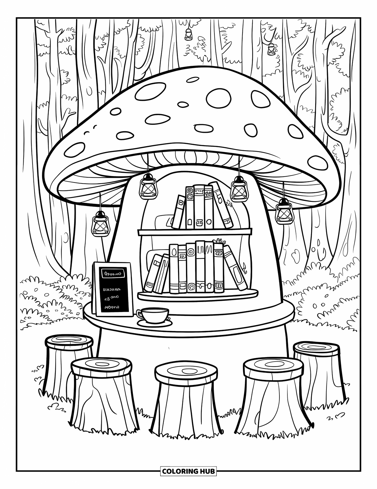 Cozy Fall Coloring Page for Kids: Tiny café stall with chalkboard menu, cozy books, and stump seats