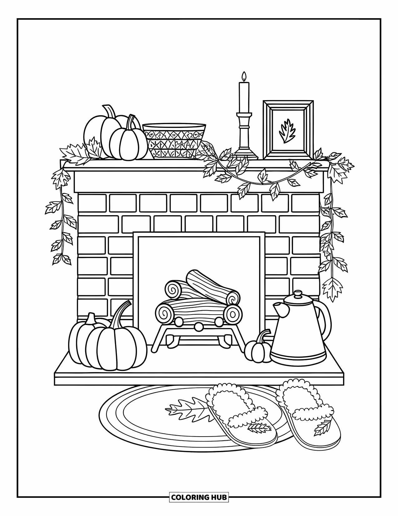 Cozy Fall Coloring Page for Kids: Tiny fireplace with pumpkins, fuzzy slippers, and a warm leaf rug