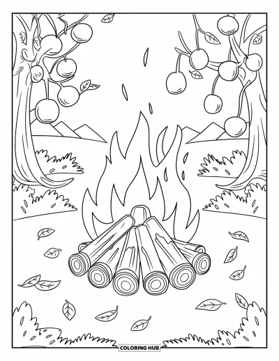 Coloriage d'automne douillet pour enfants : Feu de camp réconfortant avec des guimauves, des arbres et des feuilles tombées tout autour