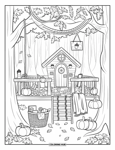 Coloriage d'automne douillet pour enfants : Terrasse de cabane dans les arbres avec des citrouilles, des biscuits et un panneau en gland parmi les branches feuillues