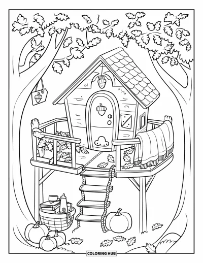 Coloriage d'automne douillet pour enfants : Cabane dans les arbres avec des citrouilles, des livres et une couverture moelleuse suspendue entre les arbres
