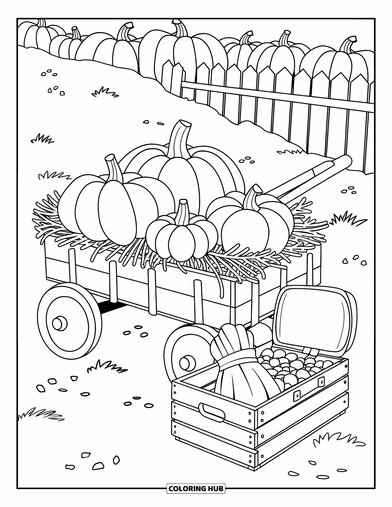 Cozy Fall Coloring Page for Kids: Wagon full of pumpkins and hay sits near a picket fence and scattered leaves