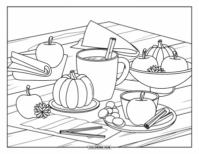 Coloriage d'automne douillet pour enfants : Table en bois avec une tasse de cacao, un bâton de cannelle et des en-cas d'automne