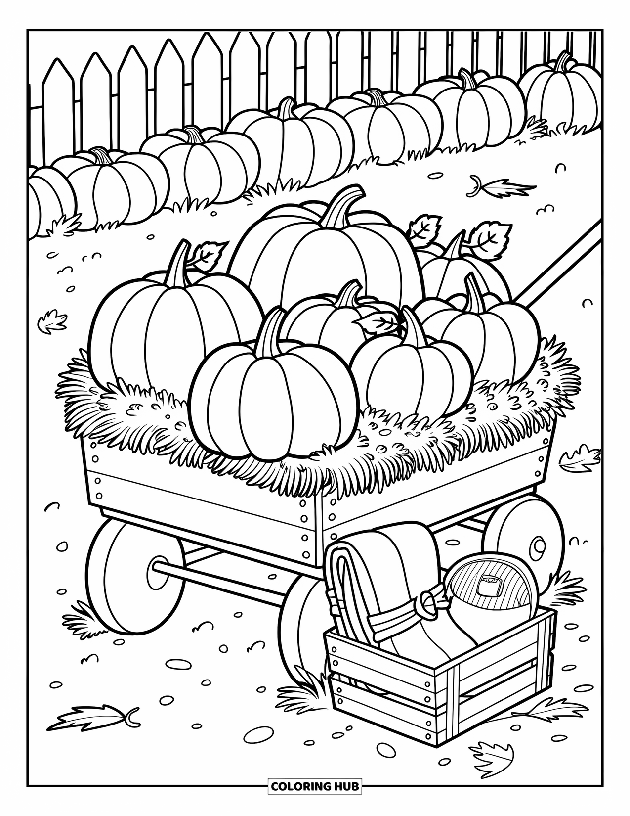 Cozy Fall Coloring Page for Kids: Wooden wagon filled with pumpkins, hay, and a picnic basket