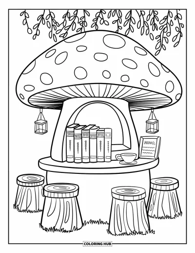 Coloriage d'automne douillet pour enfants : Stand de café en forme de champignon avec des livres, du thé et des tabourets en tronc d'arbre