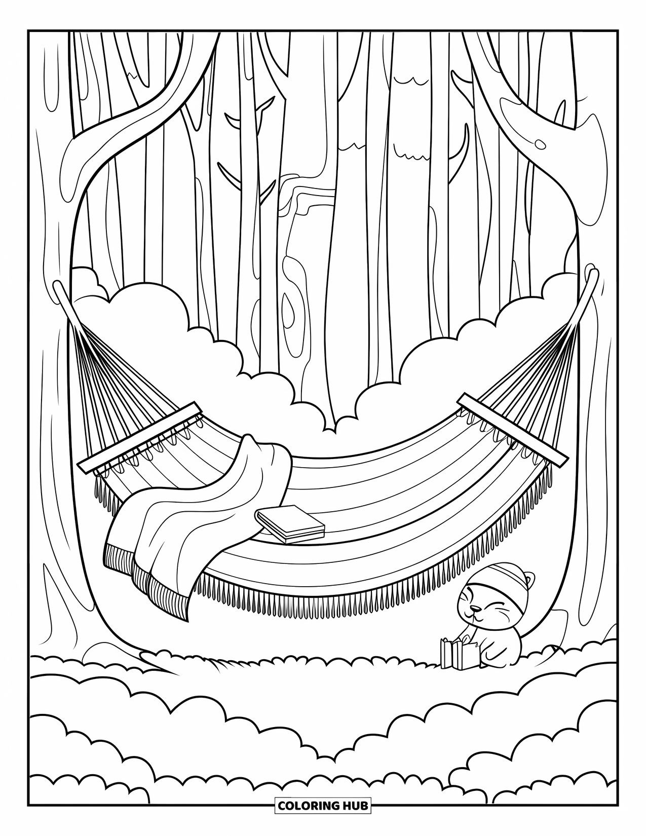 Cozy Fall Coloring Page for Kids: Woodland hammock with a cozy blanket and a storybook waiting