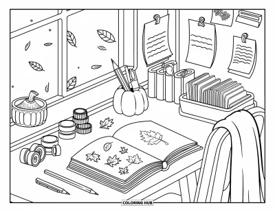 Coloriage d'automne douillet pour enfants : Bureau près de la fenêtre avec des feuilles gribouillées, du washi tape et des notes chaleureuses