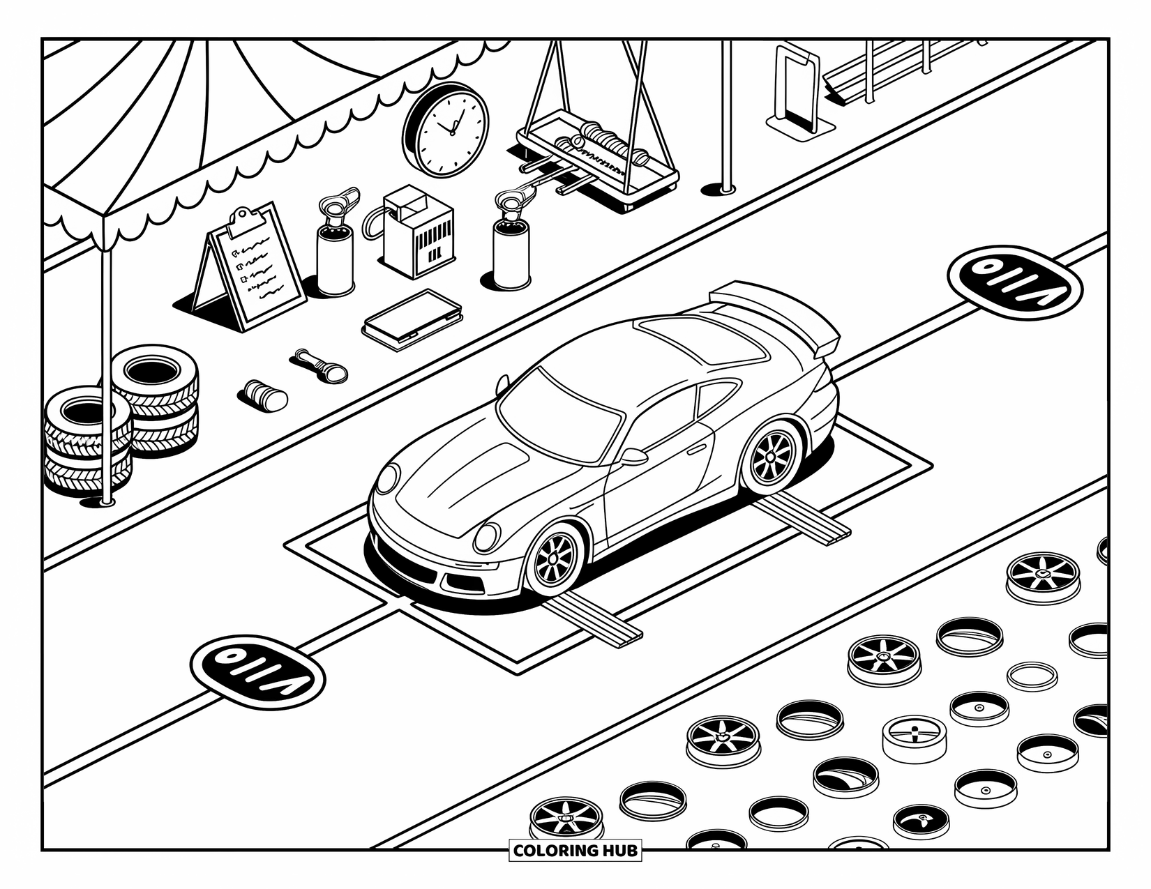Derby Car Coloring Page for Adults: A busy pit stop scene with tools, parts, and a countdown clock overhead