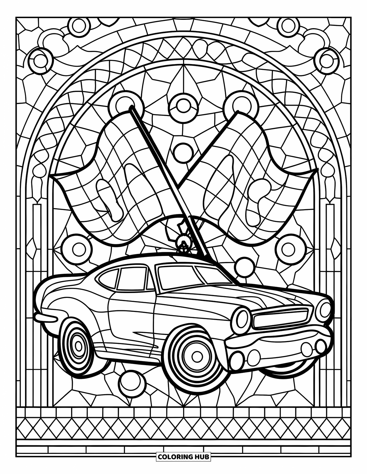 Derby Car Coloring Page for Adults: A curvy car zooms past stained glass shapes of flags, gears, and symbols