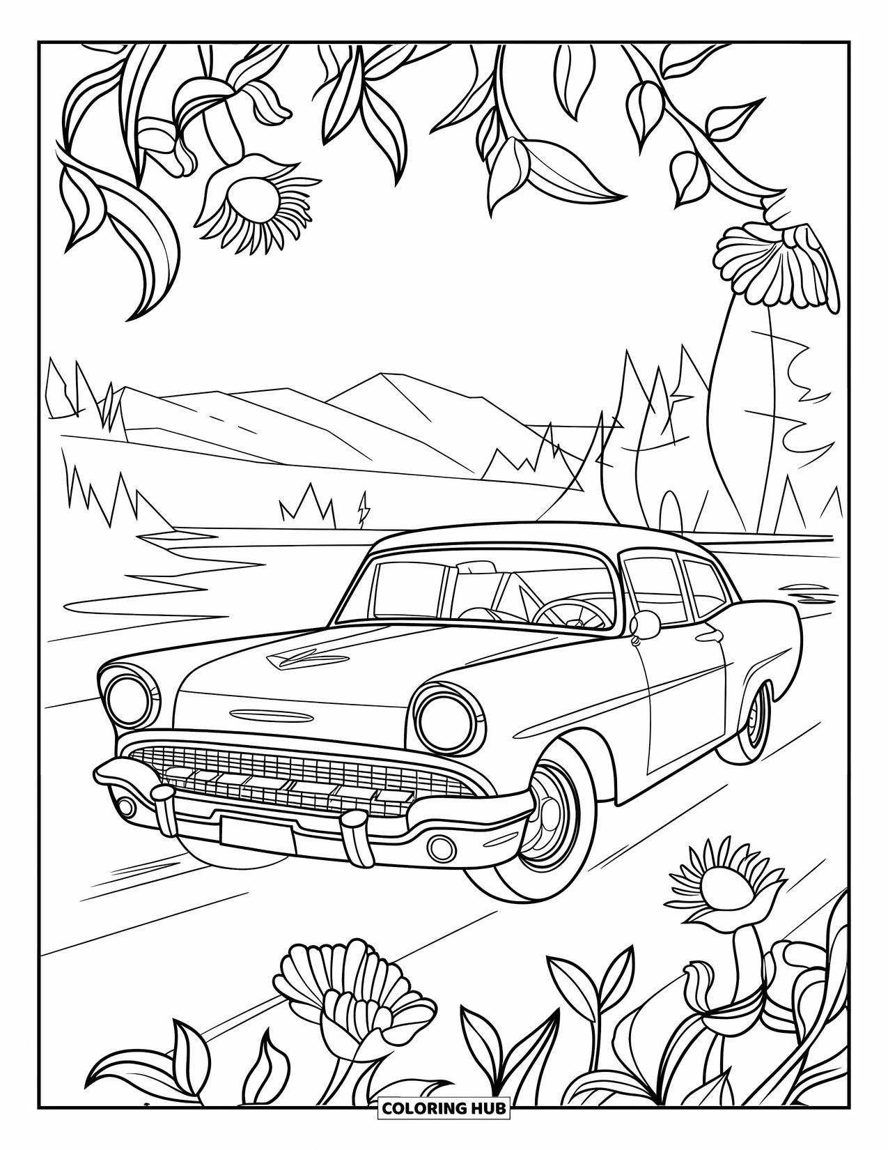 Derby Car Coloring Page for Adults: A derby car is framed by blooming flowers and leafy patterns in nature