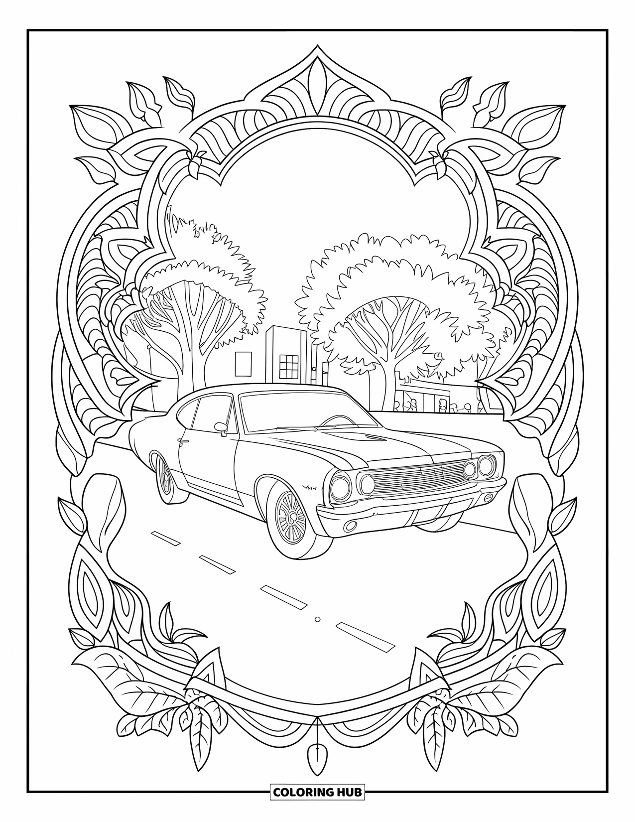 Derby Car Coloring Page for Adults: A derby car rests on a road surrounded by vines and mandala patterns