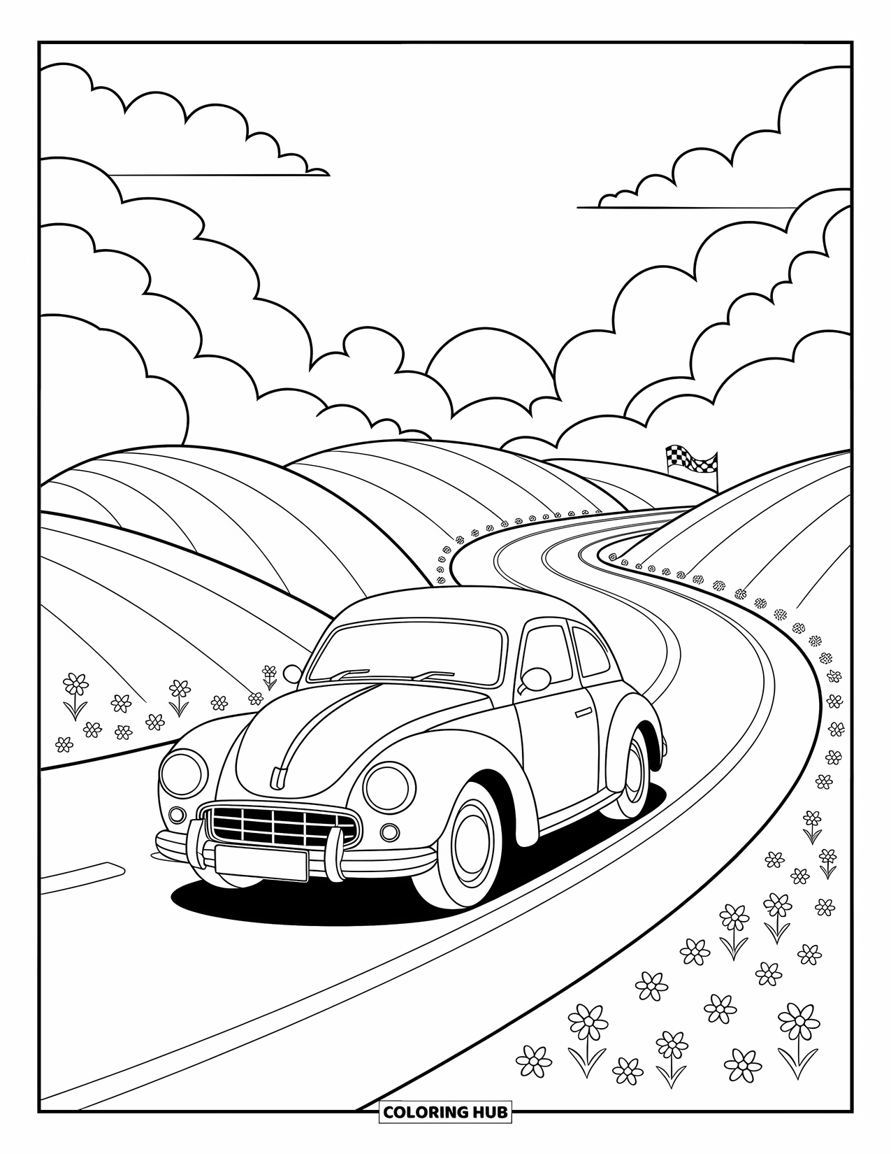 Derby Car Coloring Page for Adults: A happy little car drives a curvy hill road with a banner in the distance