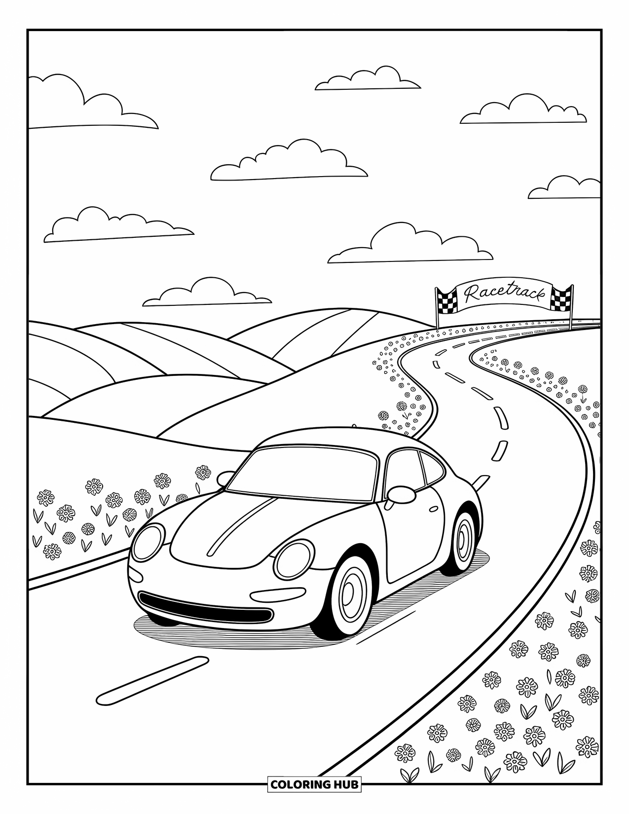 Derby Car Coloring Page for Adults: A peaceful derby car cruises along a hilltop road with flowers and fluffy clouds