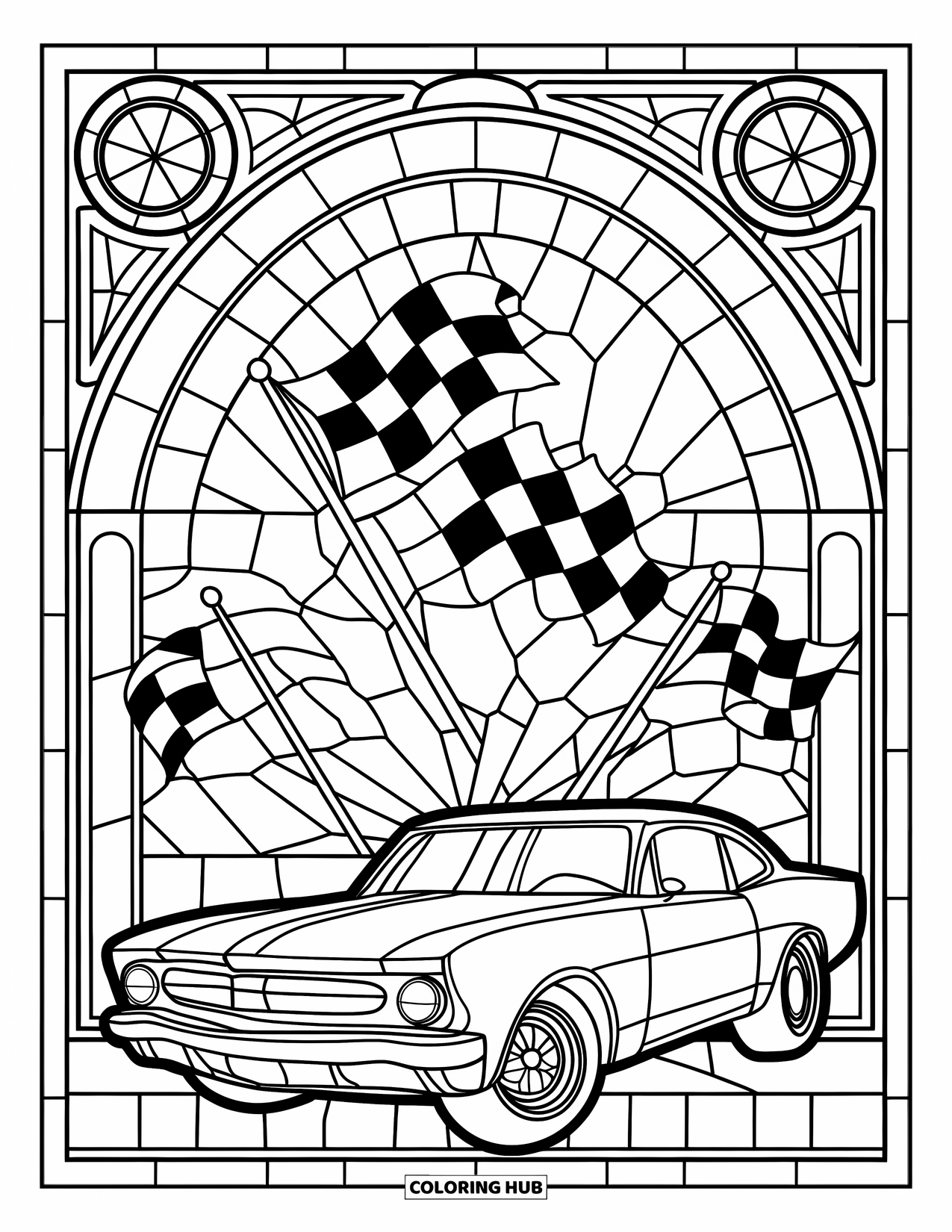 Derby Car Coloring Page for Adults: A race car stands out against stained glass gears and waving checkered flags