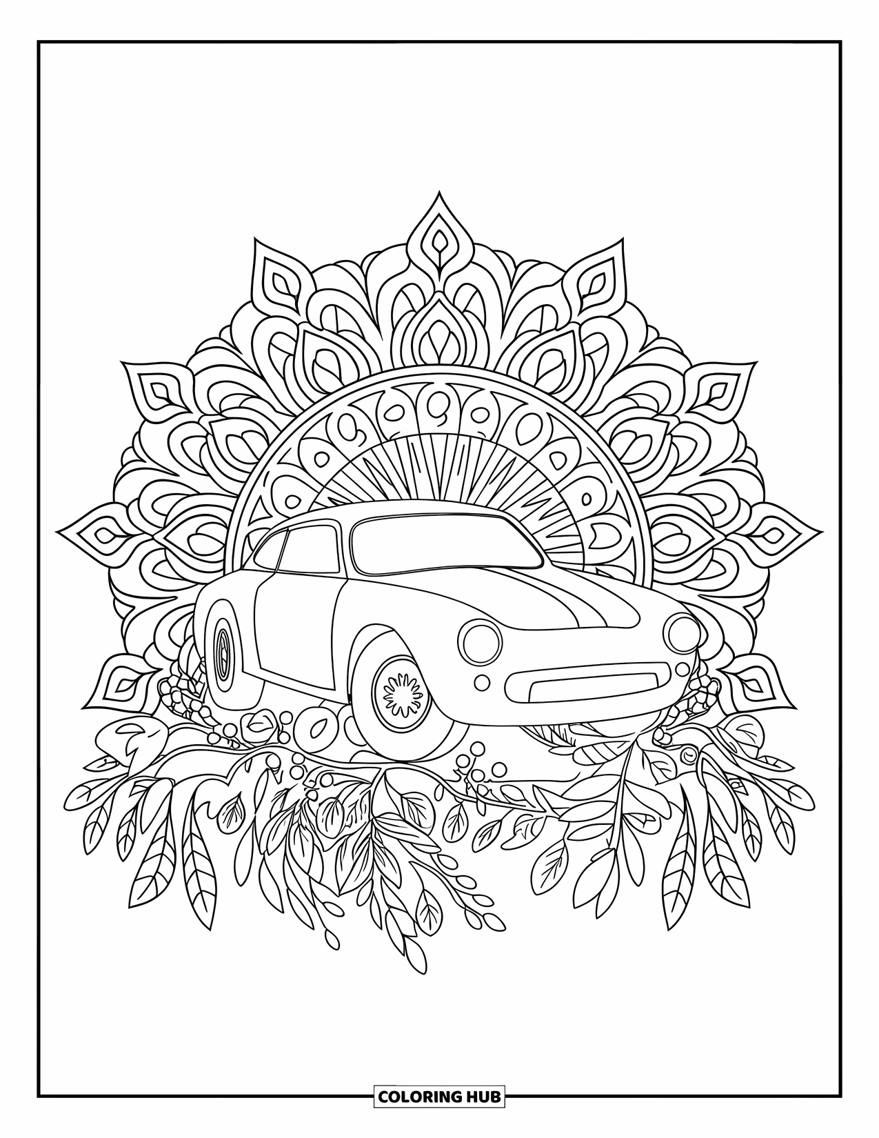 Derby Car Coloring Page for Adults: A rounded car is wrapped in blooming vines and a circular floral mandala