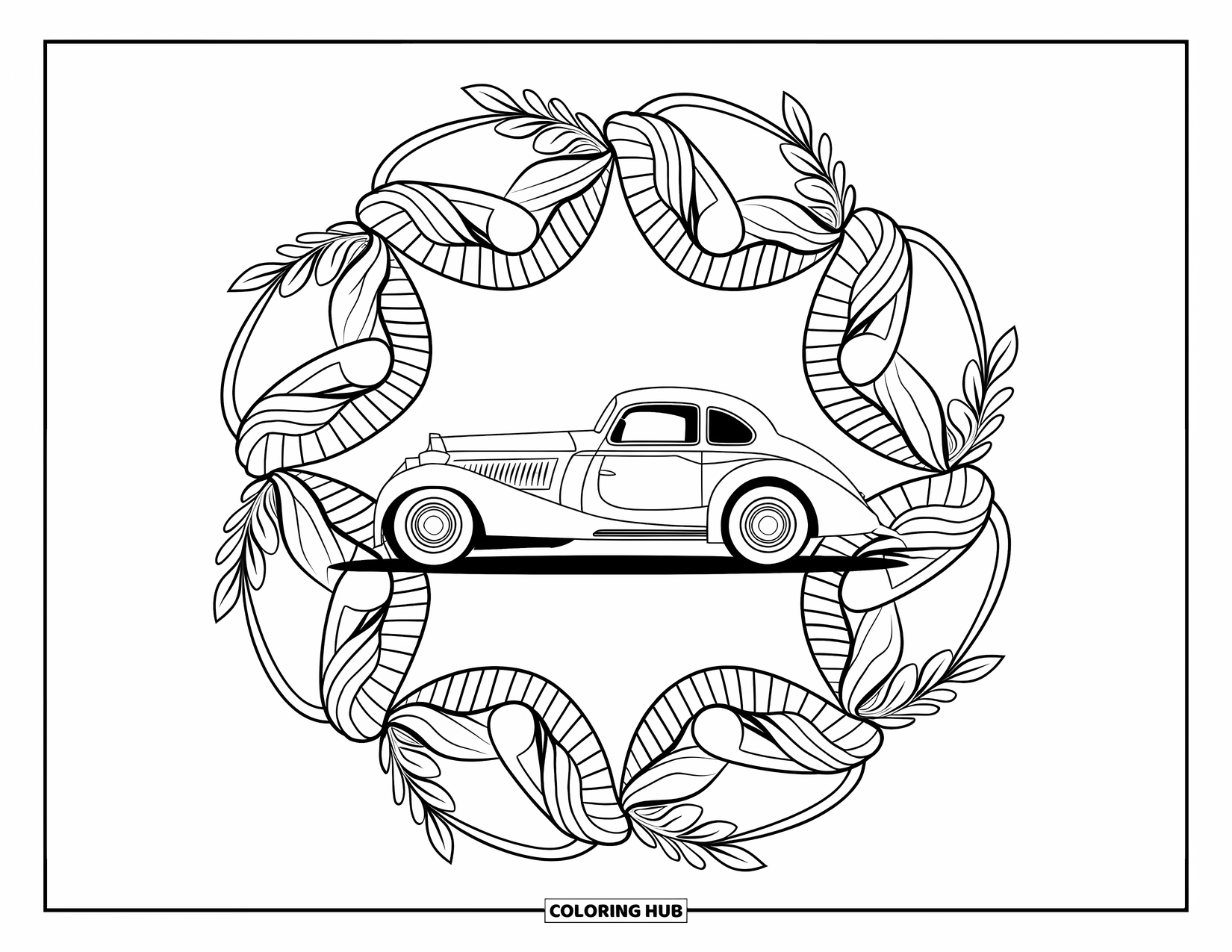 Derby Car Coloring Page for Adults: A vintage race car rests inside a mandala of intricate ribbons and laurels
