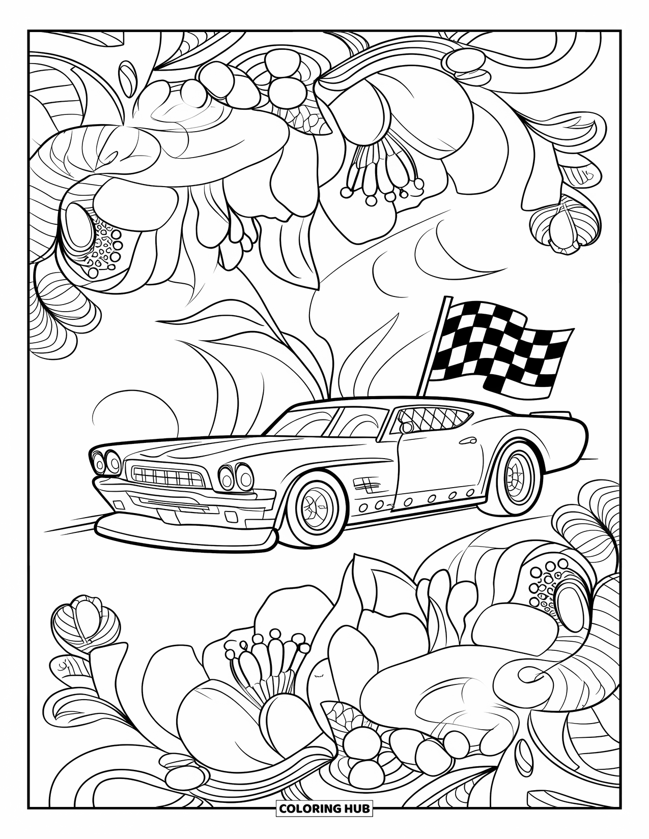 Derby Car Coloring Page for Adults: A winning car stands among flowers and leaves with a checkered flag behind