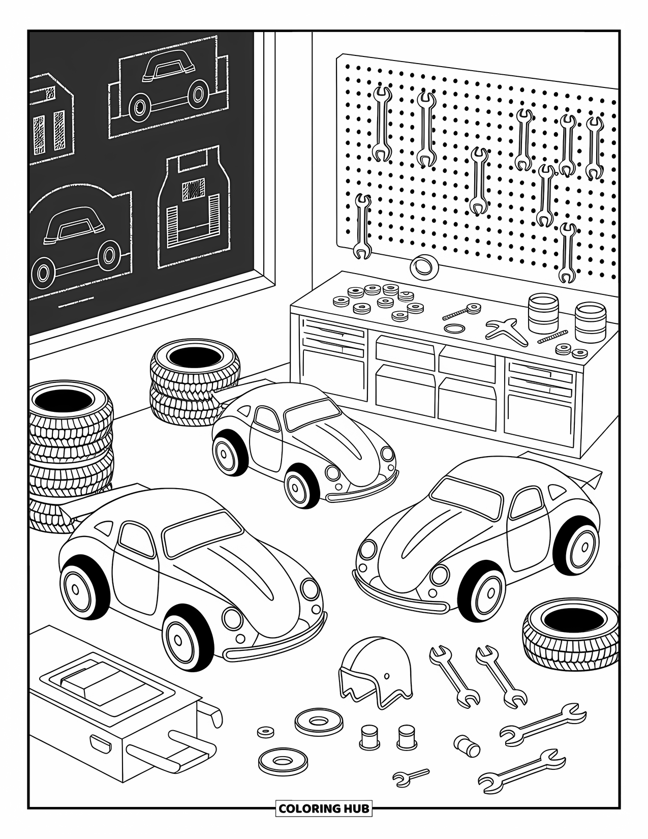 Derby Car Coloring Page for Adults: Adorable derby cars are in a cute garage surrounded by helmets, tools, and tires
