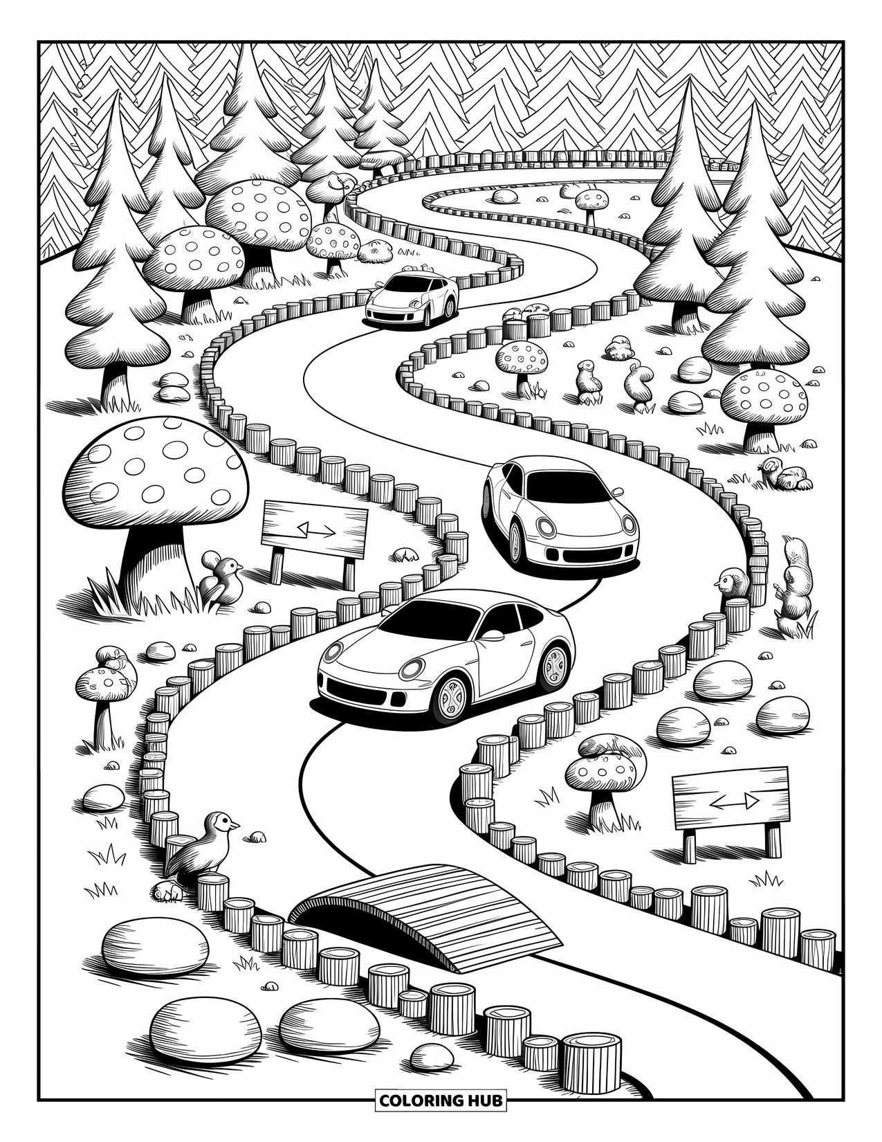 Derby Car Coloring Page for Adults: Three derby cars speed past mushrooms, trees, and woodland creatures in a forest race