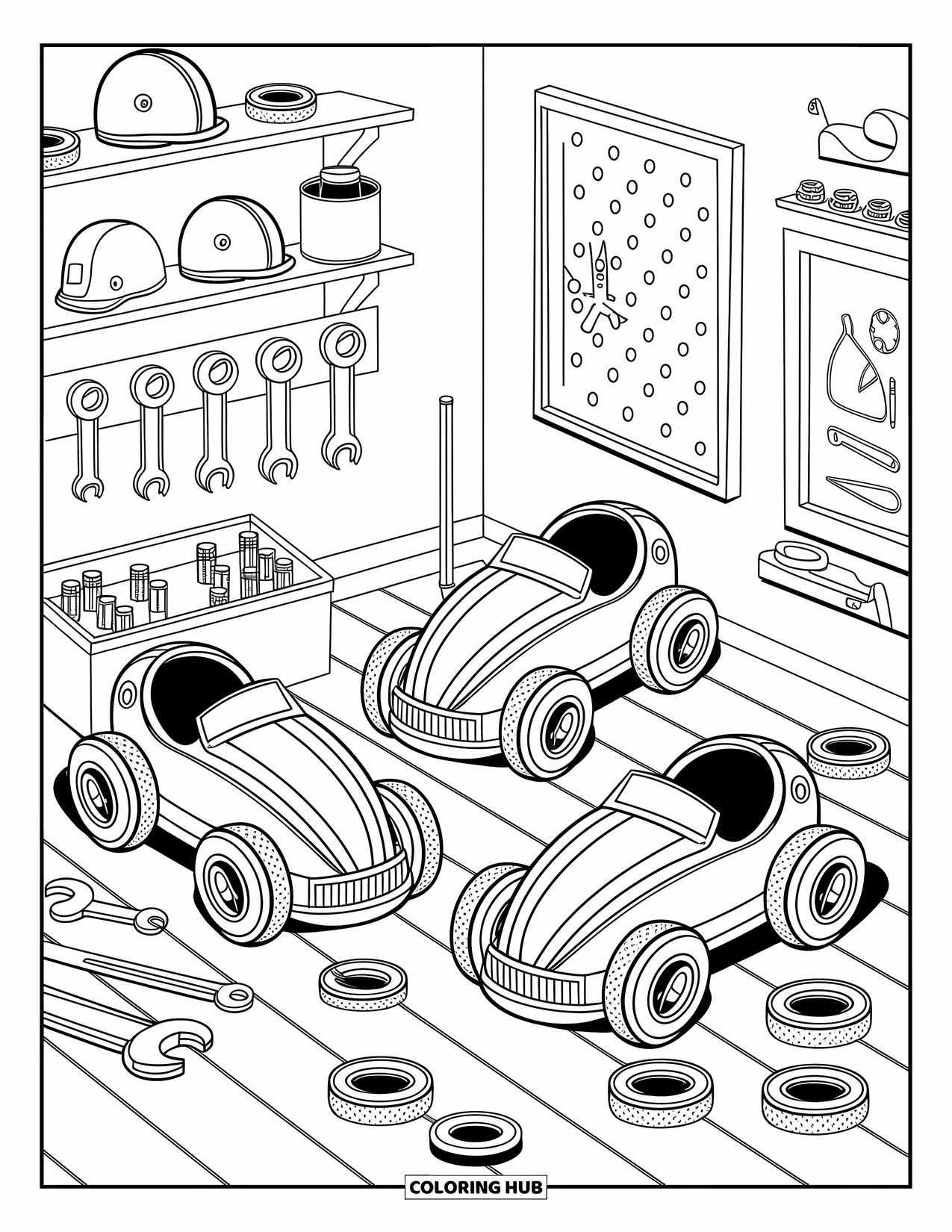 Derby Car Coloring Page for Adults: Three mini race cars sit in a cozy garage full of tools and tiny gear