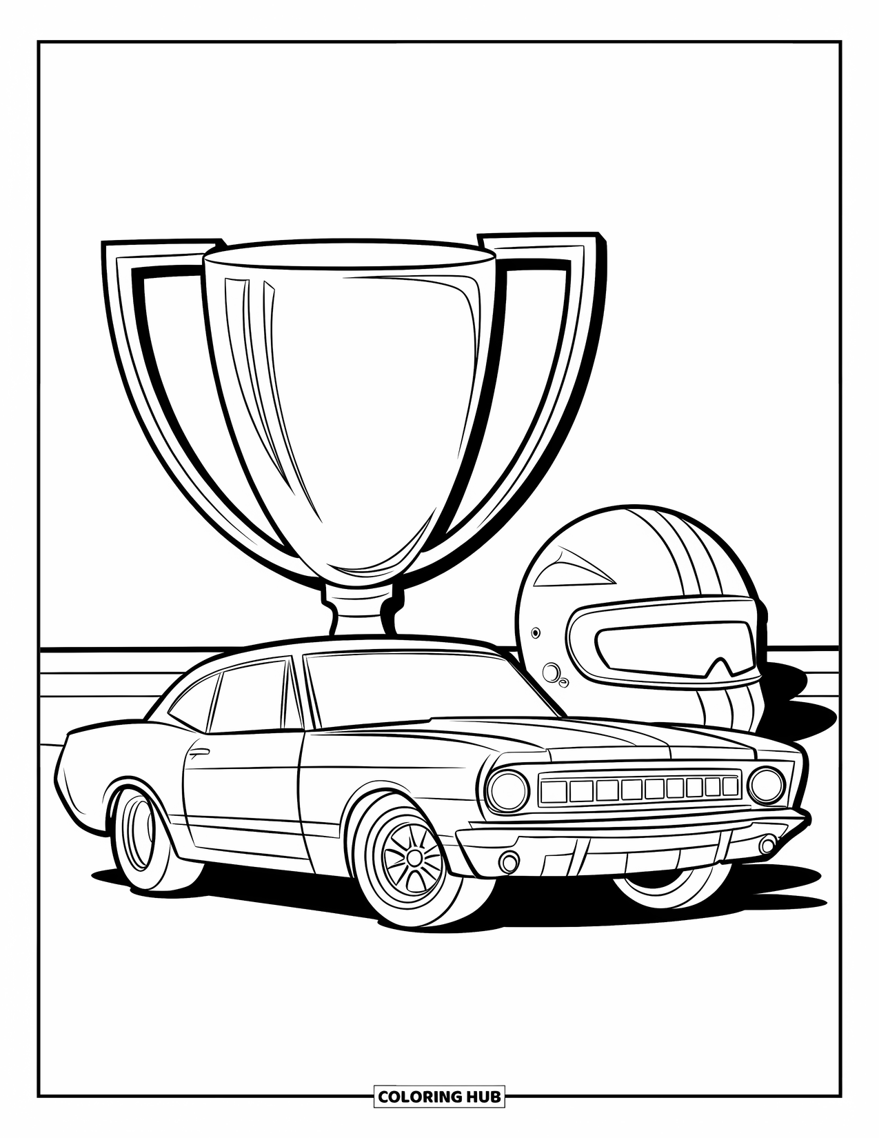 Derby Car Coloring Page for Kids: A bold car sits proudly next to a tall trophy and helmet