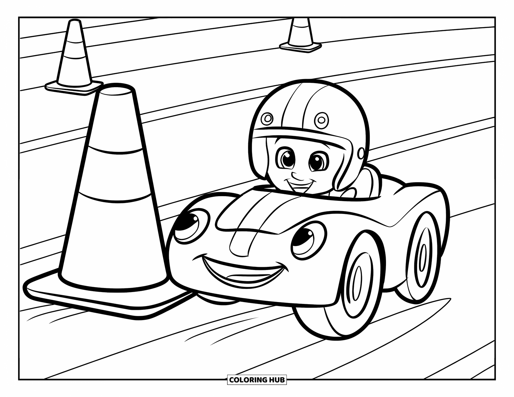 Derby Car Coloring Page for Kids: A cheerful car with a helmet drives past bright orange cones