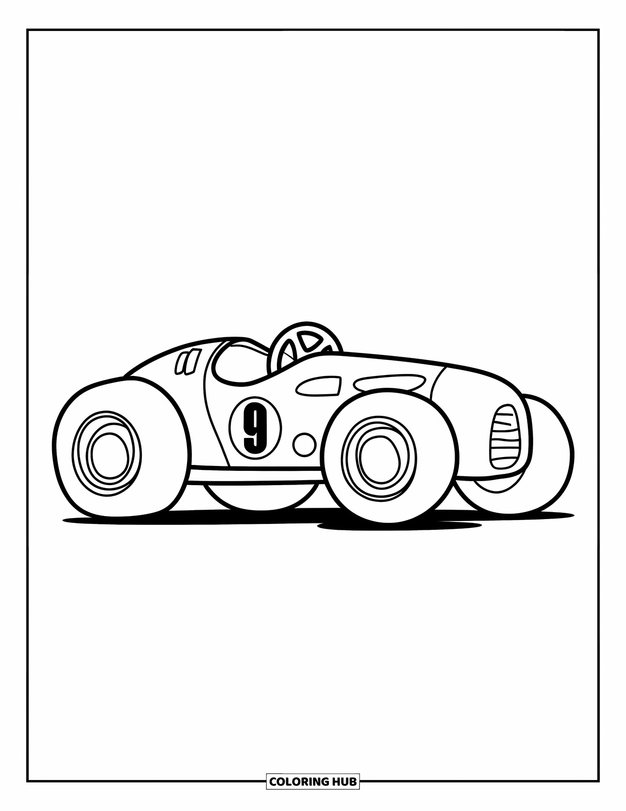 Derby Car Coloring Page for Kids: A curved derby car with a big 9 rolls on a white background