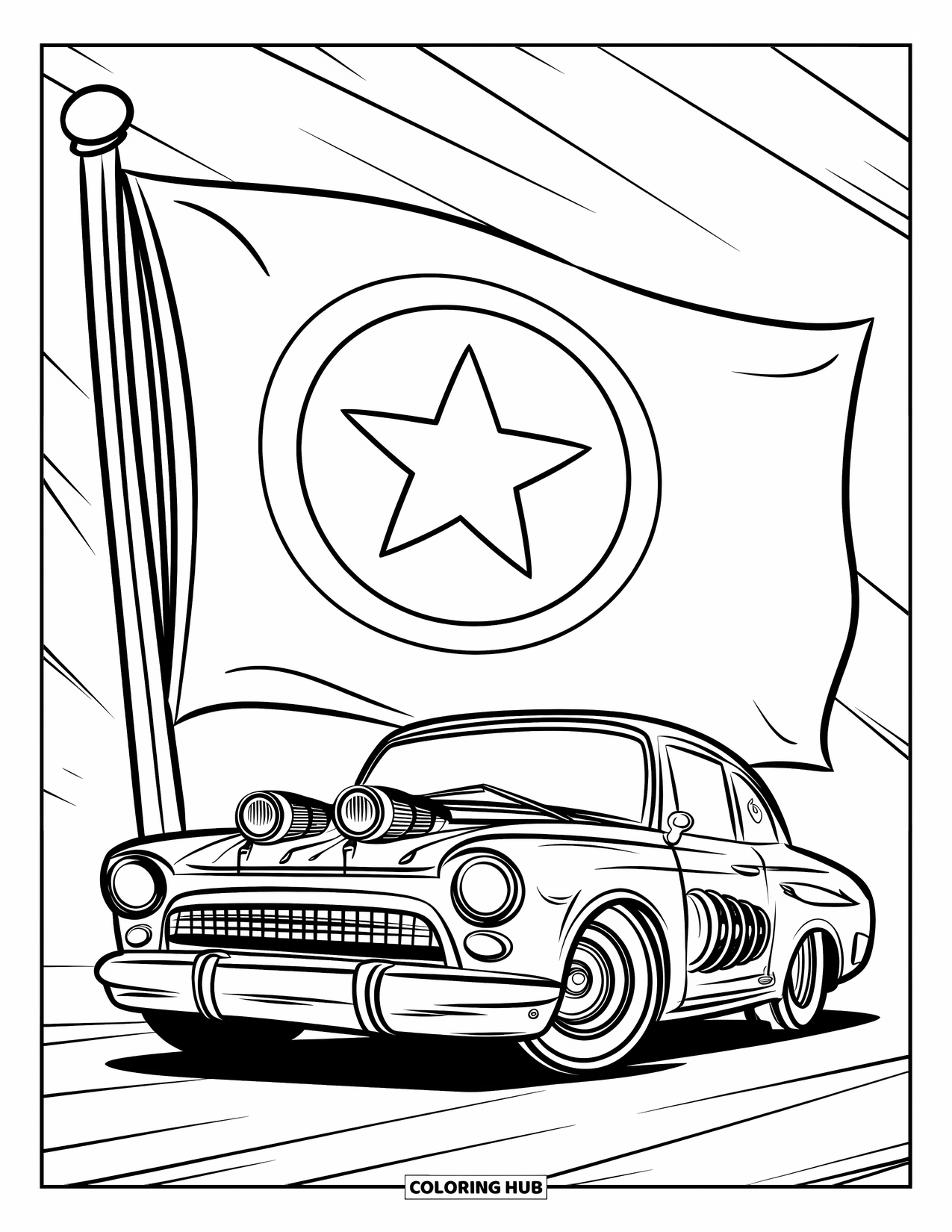 Derby Car Coloring Page for Kids: A curved race car rests in front of a blue-starred flag